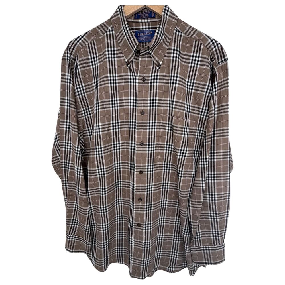 Pendleton Canterbury Cloth Button Down Shirt Mens Large Brown Plaid Wool Cotton